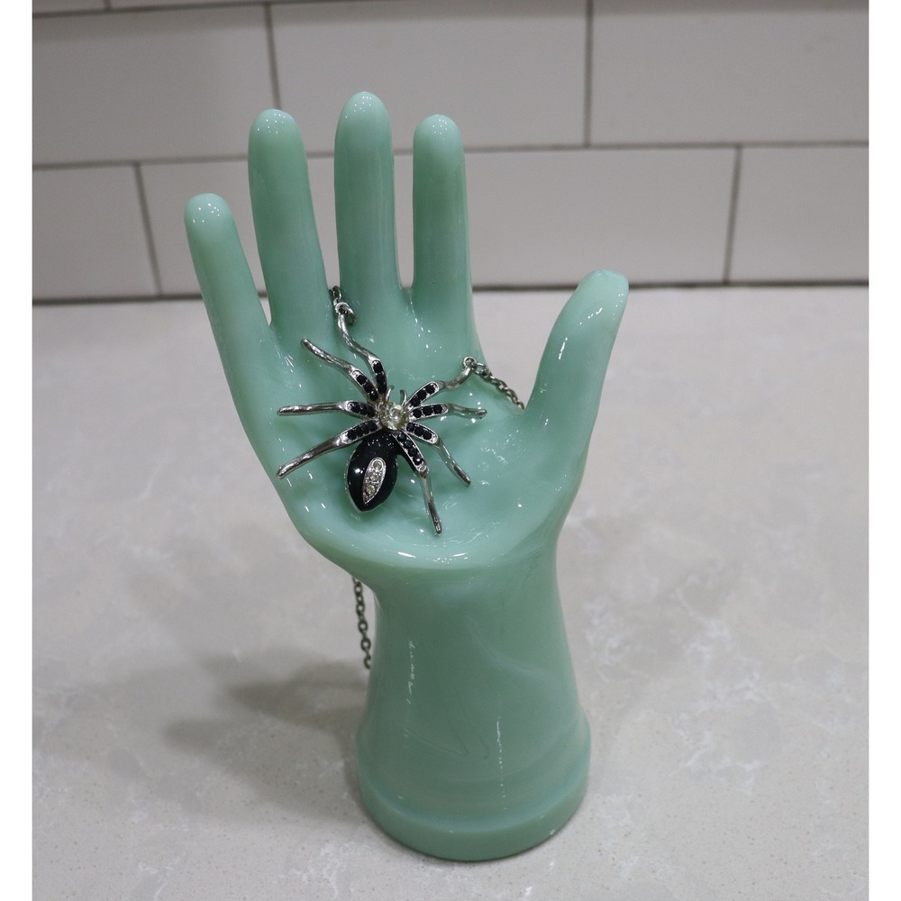Silver Tone Black Enamel Rhinestone Spider Pendant Necklace Statement Jewelry